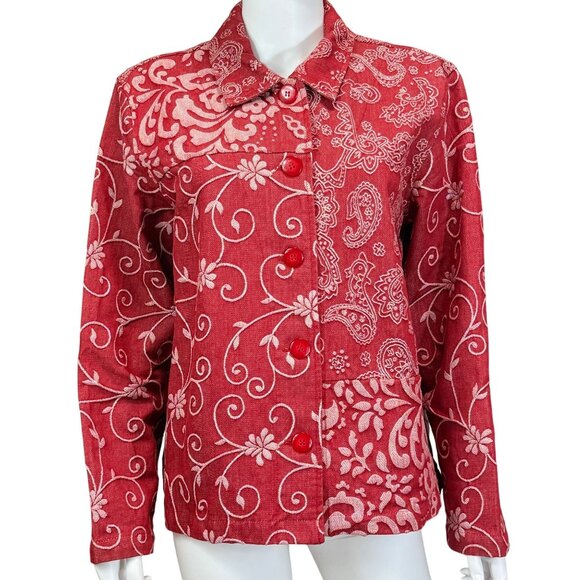 Coldwater Creek Button Down Womens L Red Cotton Blend Floral Paisley Print - Picture 1 of 7